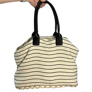 NEW Lucky Brand cream & black woven canvas leather striped whipstitch tote bag